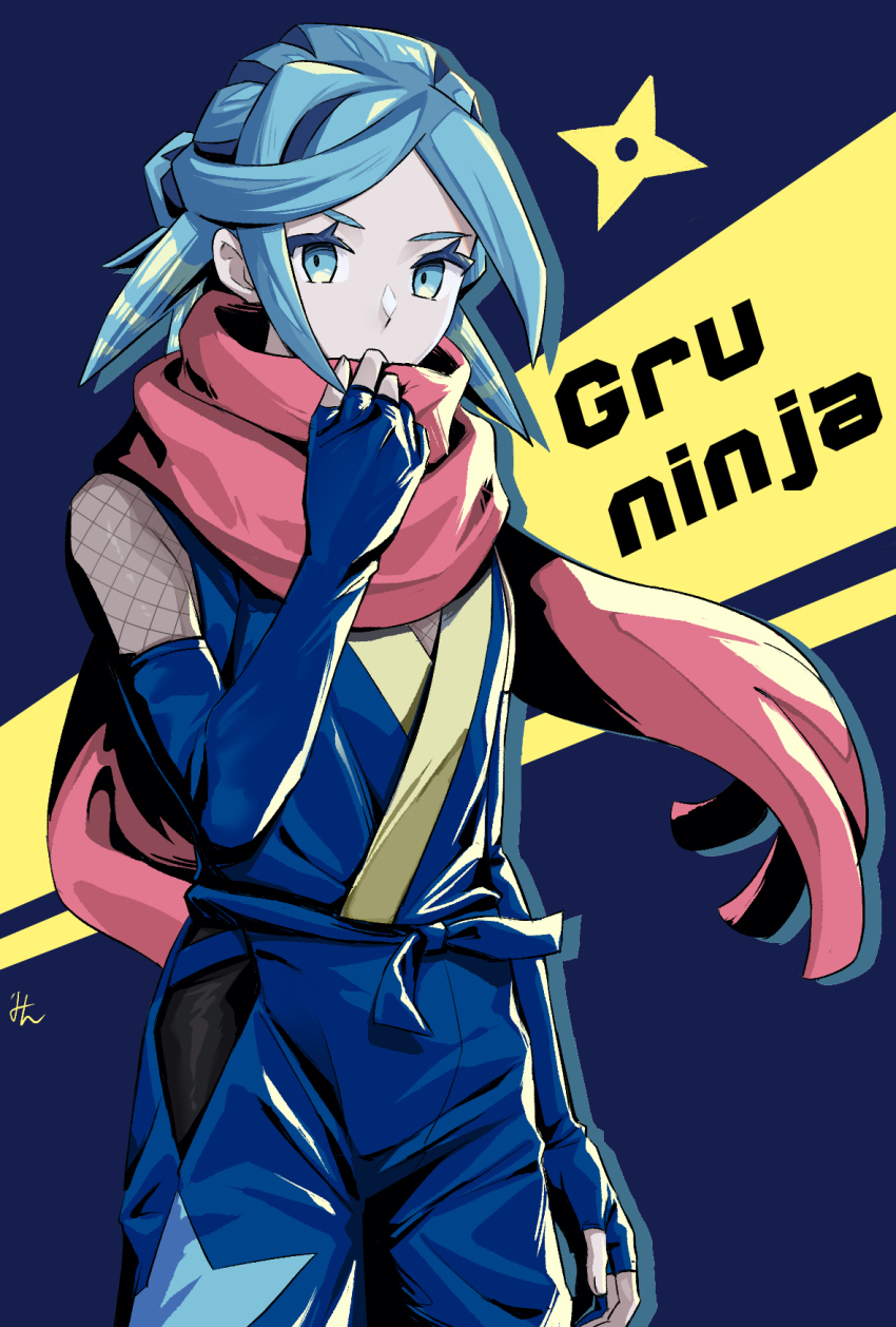 1boy, arm_at_side, blue_background, blue_eyes, blue_gloves, blue_hair, commentary_request, cosplay