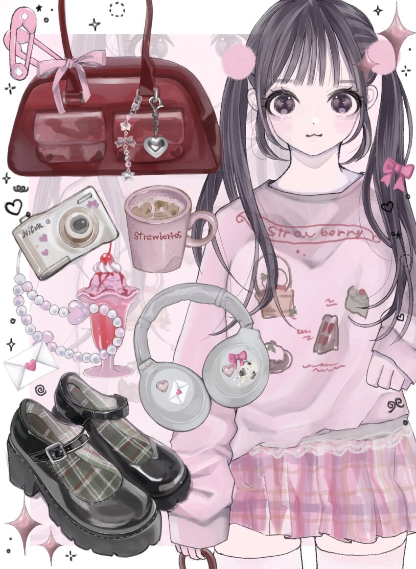 1girl, :3, aegyo_sal, bag, bag_charm, beads, black_shoes, bo_chan1128, brown_hair, charm_(object), commentary, cup, digital_camera, dog, envelope, fashion, food_print, hair_ornament, headphones, heart, highres, long_hair, looking_at_viewer, mug, original, pink_skirt, pink_sweater, pom_pom_(clothes), pom_pom_hair_ornament, red_bag, shoes, skirt, solo, standing, sticker, sweater, twintails, untranslatable_commentary, unworn_shoes