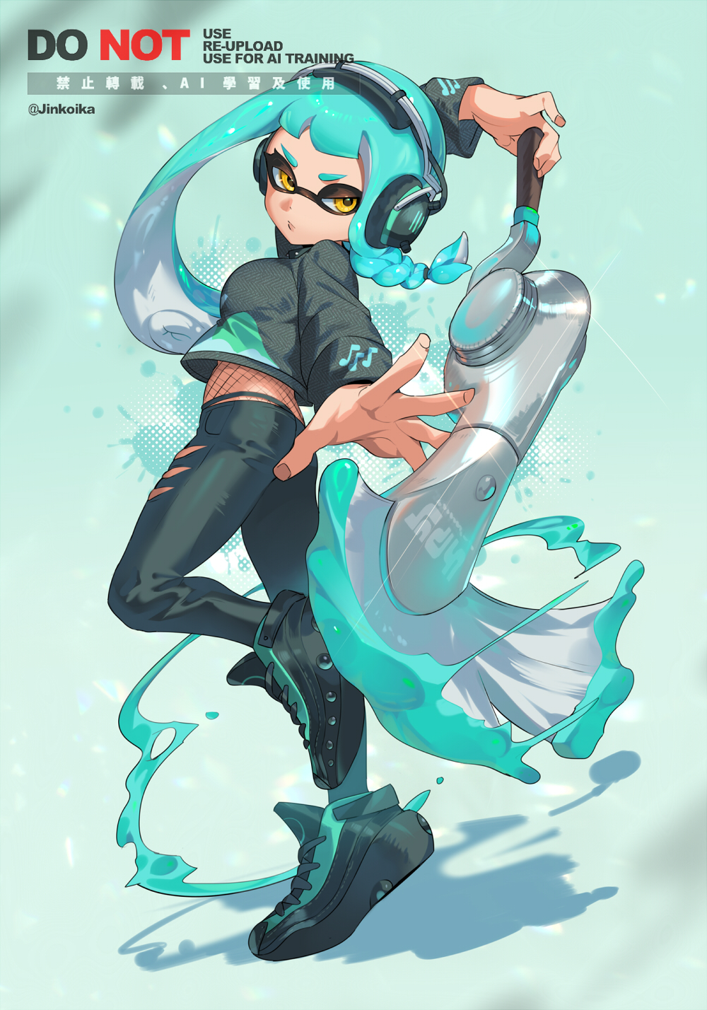 1girl, arm_behind_head, black_pants, black_shirt, black_shoes, blue_background, blue_hair, bodystocking, braid, breasts, closed_mouth, commentary, crop_top, fishnet_bodystocking, fishnets, full_body, half-closed_eyes, headphones, highres, holding, holding_weapon, inkling, inkling_girl, inkling_player_character, jinkoika, long_hair, long_sleeves, midriff, nintendo, outstretched_arm, painbrush_(splatoon), pants, shirt, shoes, single_braid, solo, splatoon_(series), standing, standing_on_one_leg, untranslatable_commentary, tentacle_hair, torn_clothes, torn_pants, weapon, yellow_eyes