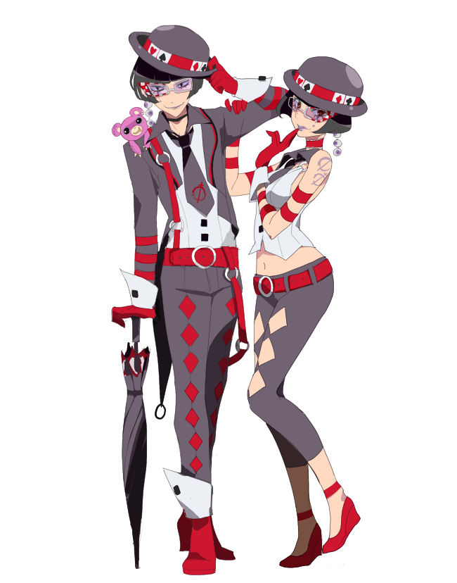 10s, 1boy, 1girl, bad_id, bad_pixiv_id, black_hair, closed_umbrella, dual_persona