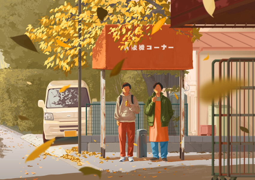 2boys, apron, autumn_leaves, backpack, bag, black_hair, blurry, blurry_foreground