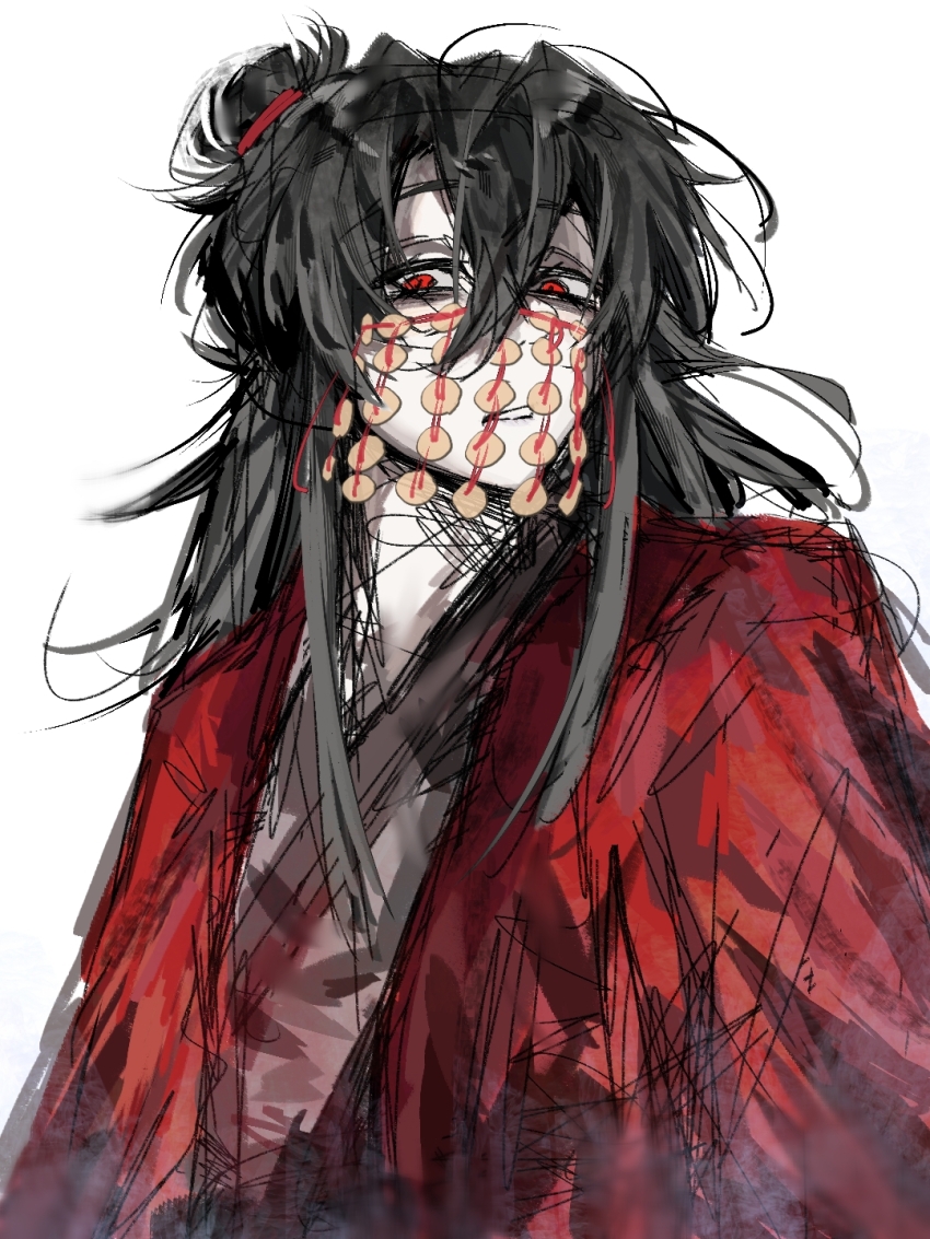 1boy, bags_under_eyes, black_hair, chinese_commentary, coat, coin, coin_mask, dao_gui_yi_xian, grey_hanfu, hair_between_eyes, hair_bun, half_updo, highres, holed_coin, li_huowang, long_hair, looking_at_viewer, luxingzhe91179, male_focus, mask, messy_hair, mouth_veil, red_coat, red_eyes, robe, simple_background, single_hair_bun, sketch, solo, upper_body, veil, white_background