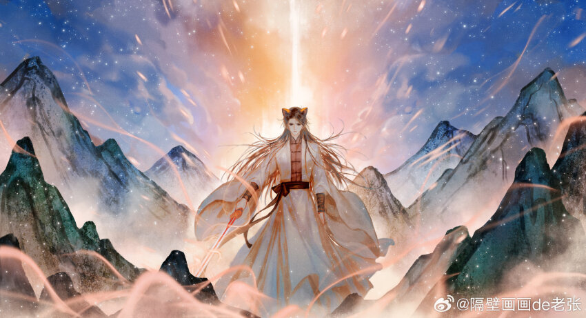 1boy, arm_at_side, aura, black_eyes, brown_hair, cat_boy, chinese_clothes, chinese_commentary