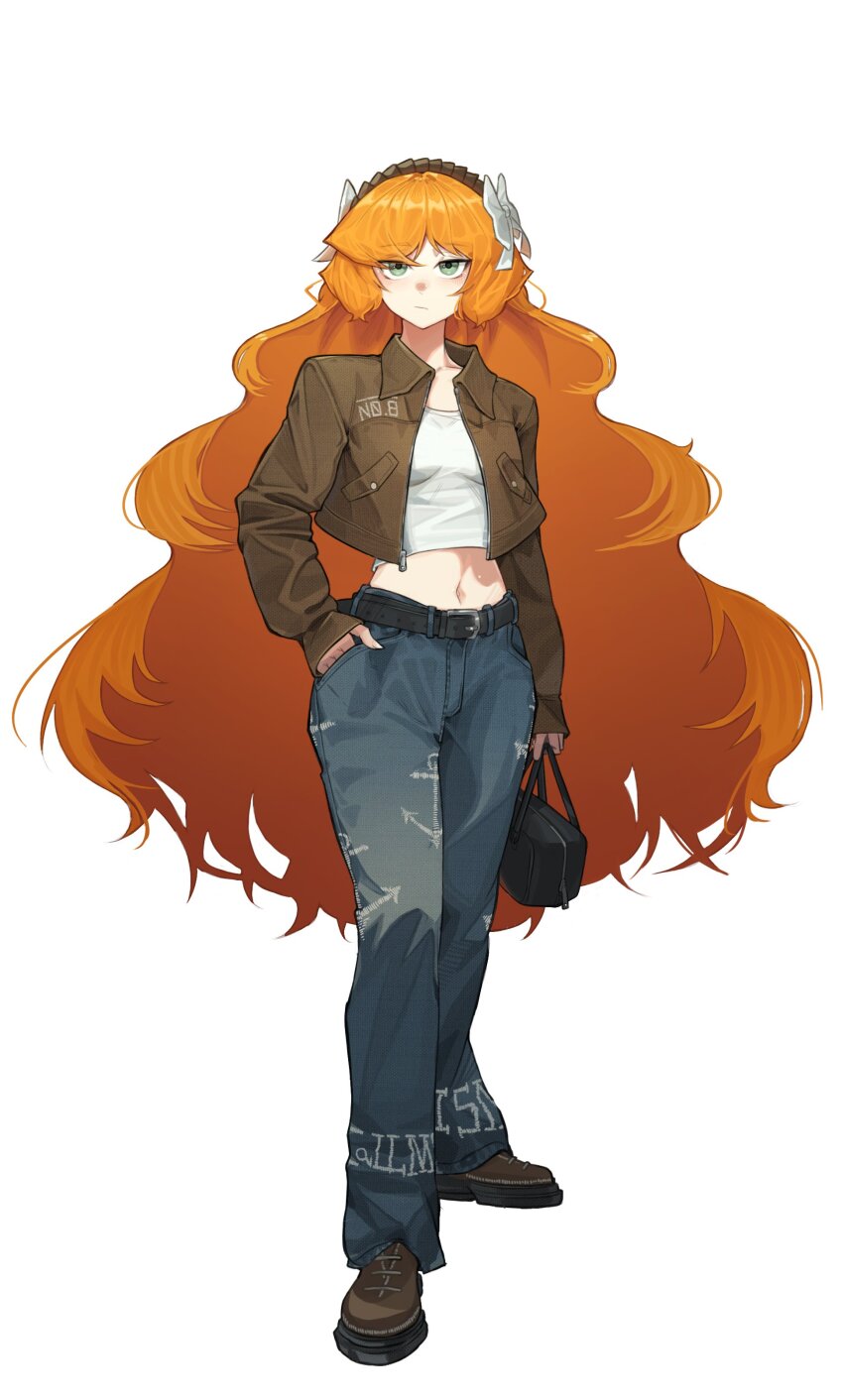 1girl, absurdres, bag, belt, bow, brown_hairband, closed_mouth, collarbone