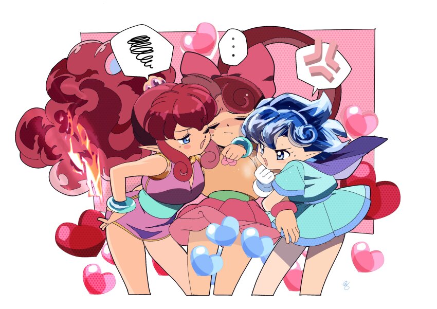 ..., 3girls, absurdres, anger_vein, arm_around_neck, arm_hug, belt, big_hair