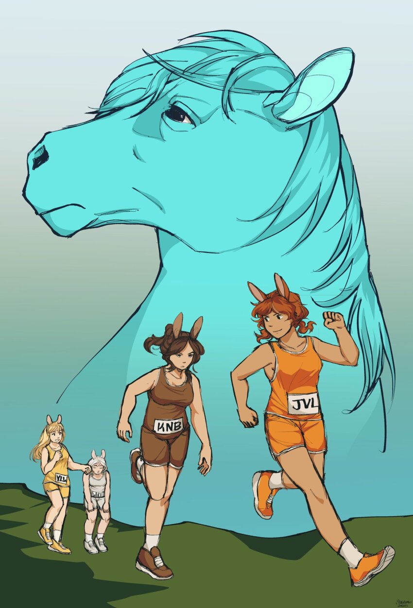 1other, 4girls, animal_ears, blonde_hair, blue_horse, breasts, brown_hair, brown_shirt, brown_shoes, brown_shorts, closed_mouth, door_knob_(horse_race_tests), grey_background, hand_on_own_knee, highres, horse, horse_ears, horse_girl, horse_race_tests, jovial_merryment, large_breasts, lightning_strikes_thrice, long_hair, looking_back, medium_hair, multiple_girls, orange_hair, orange_shirt, orange_shoes, orange_shorts, outdoors, pheny, running, shirt, shoes, shorts, sleeveless, sleeveless_shirt, smile, socks, superstitional_realism, white_hair, white_shirt, white_shoes, white_shorts, white_socks, yellow_shirt, yellow_shoes, yellow_shorts