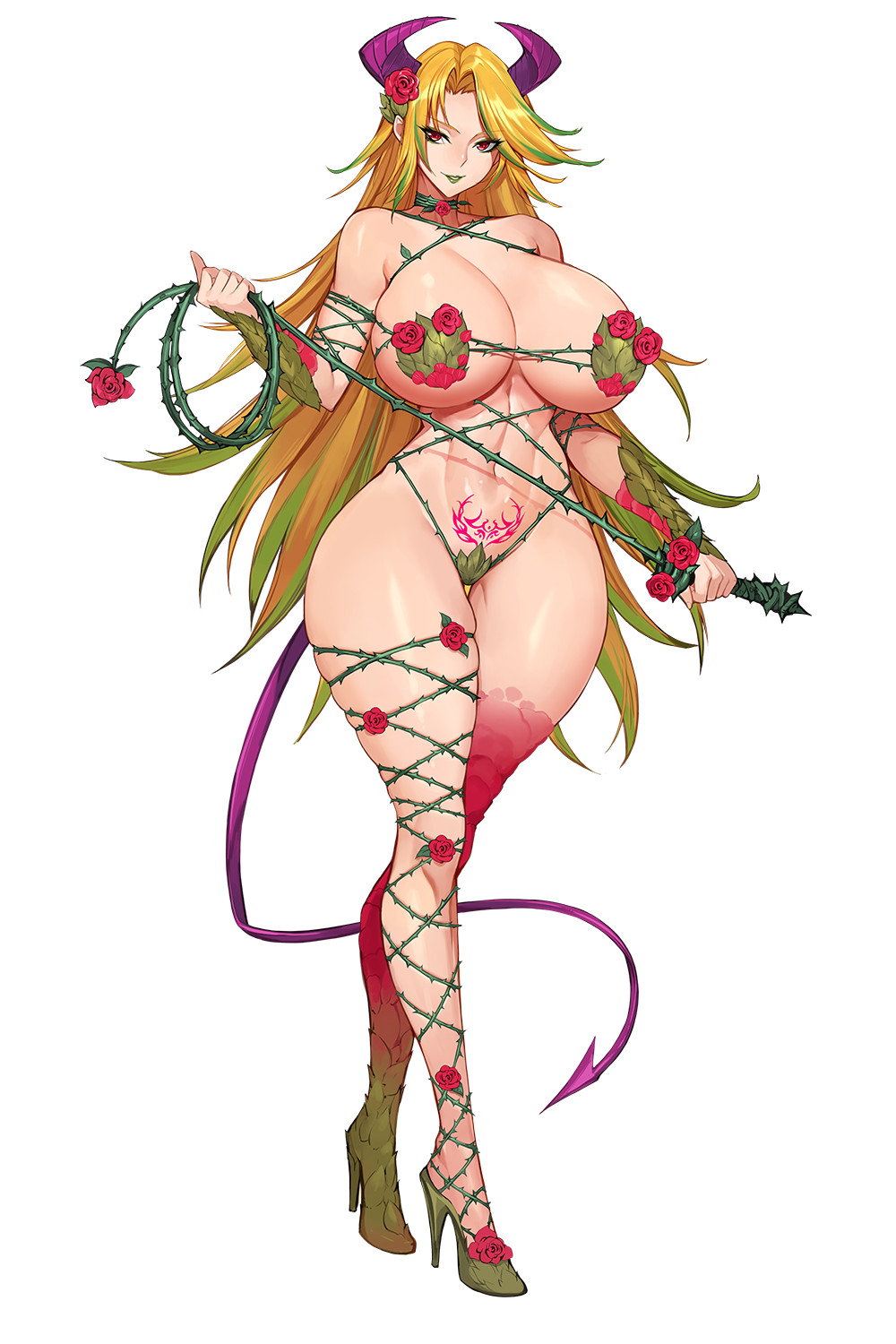 1girl, asymmetrical_legwear, bikini, blonde_hair, breasts, curvy, demon_girl, demon_horns