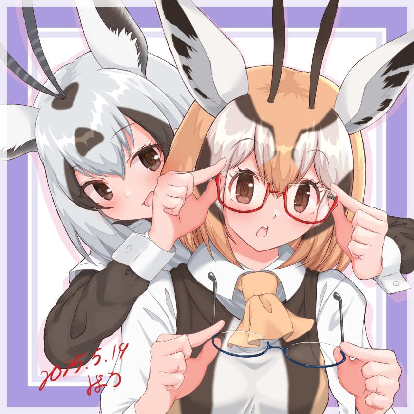 2girls, adjusting_another's_eyewear, alternate_eyewear, animal_ears, arabian_oryx_(kemono_friends), baroy_baroro, black_shirt, blue-framed_eyewear