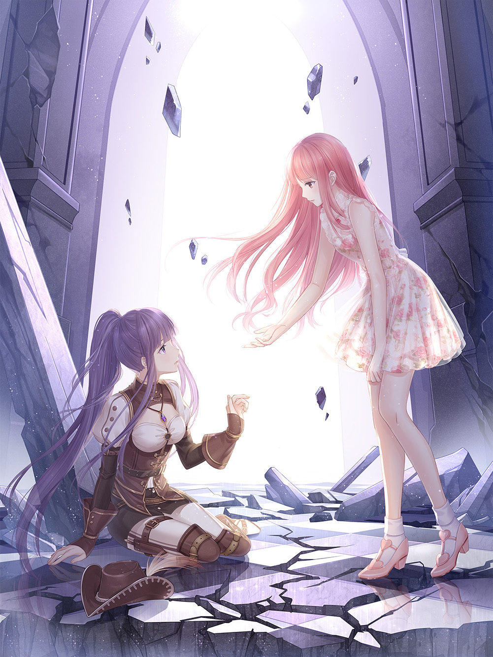 2girls, ace_(miracle_nikki), arch, artist_request, bare_arms, bare_legs, bare_shoulders, belt