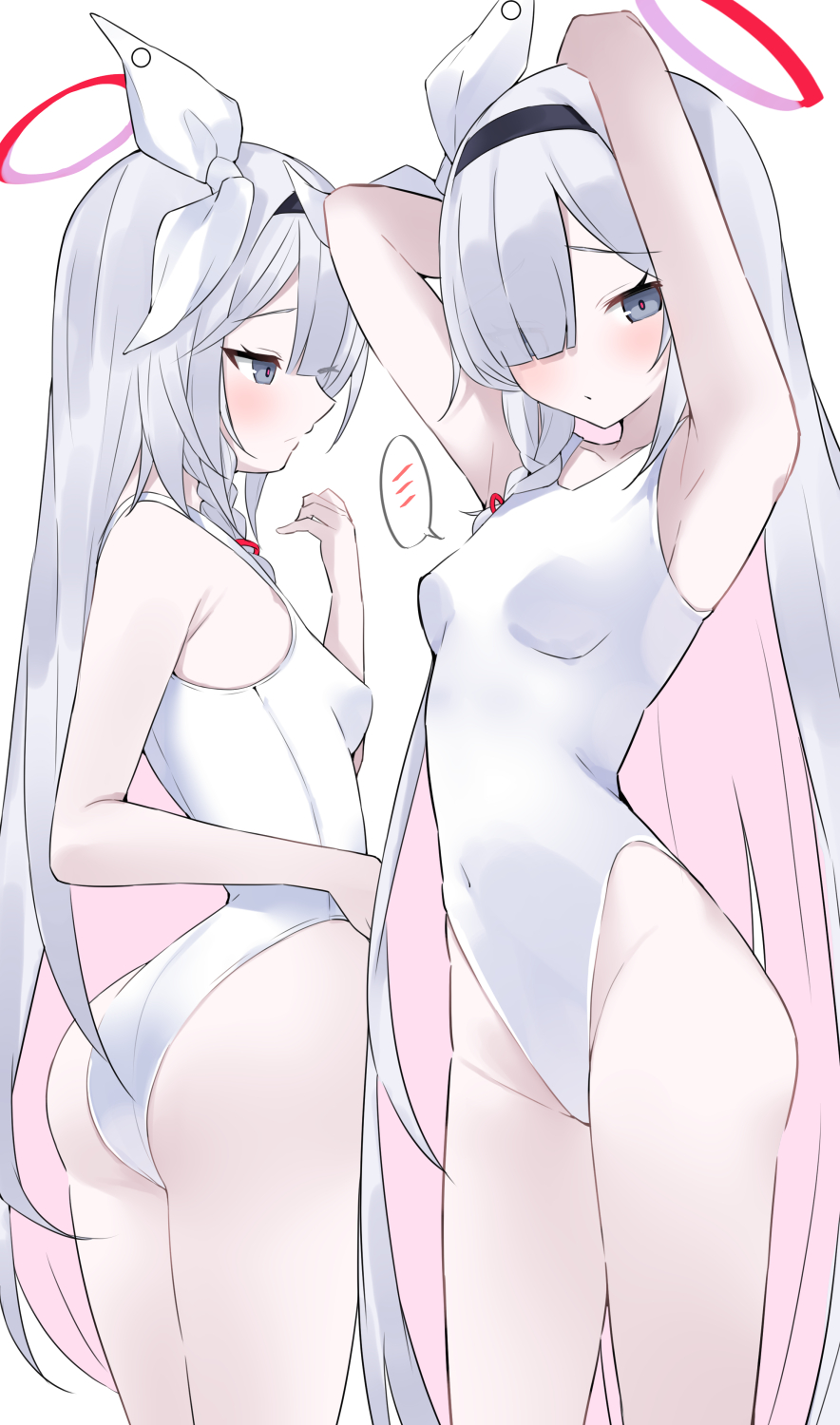 1girl, alternate_costume, armpits, arms_behind_head, bare_arms, bare_legs, bare_shoulders, black_hairband