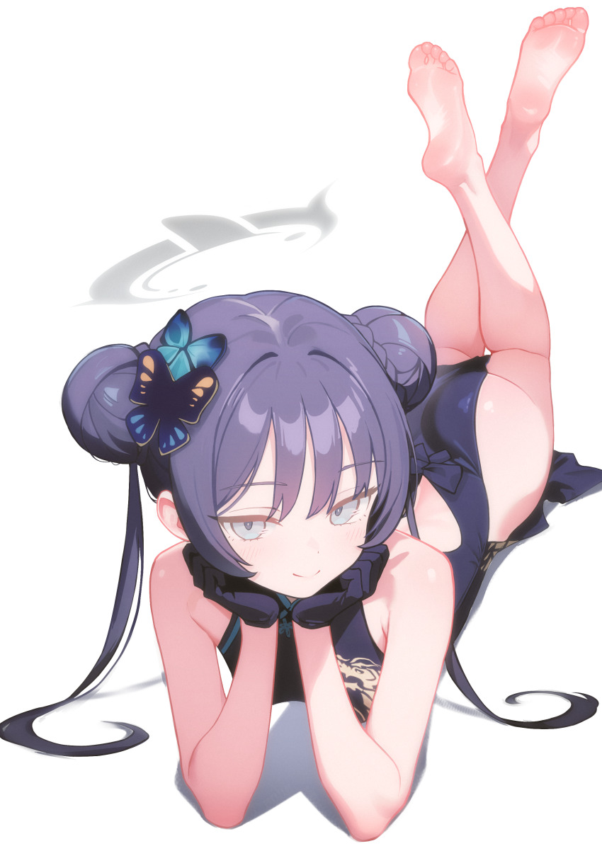 1girl, absurdres, barefoot, black_hair, blue_archive, blue_eyes, blush, braid, bun_with_braided_base, china_dress, chinese_clothes, double_bun, dress, feet, hair_bun, head_rest, highres, kampswe_galong, kisaki_(blue_archive), loli, long_hair, looking_at_viewer, lying, on_stomach, smile, soles, the_pose, toes