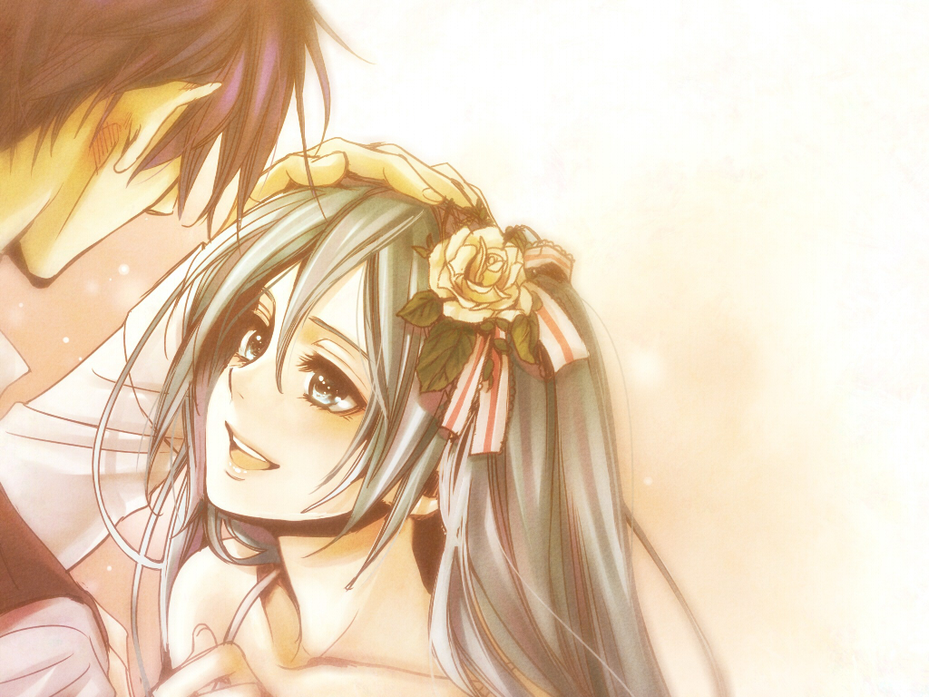 1boy, 1girl, bad_id, bad_pixiv_id, bare_shoulders, blue_hair, clockworker's_doll, evillious_nendaiki, eye_contact, flower, gallerian_marlon, green_eyes, green_hair, hair_flower, hair_ornament, hair_ribbon, hakoniwa_no_shoujo_(vocaloid), hand_on_another's_head, happy, hatsune_miku, houtei_no_nushi, kaito_(vocaloid), lips, looking_at_another, michelle_marlon, open_mouth, portrait, ribbon, rose, suzunosuke_(sagula), twintails, vocaloid