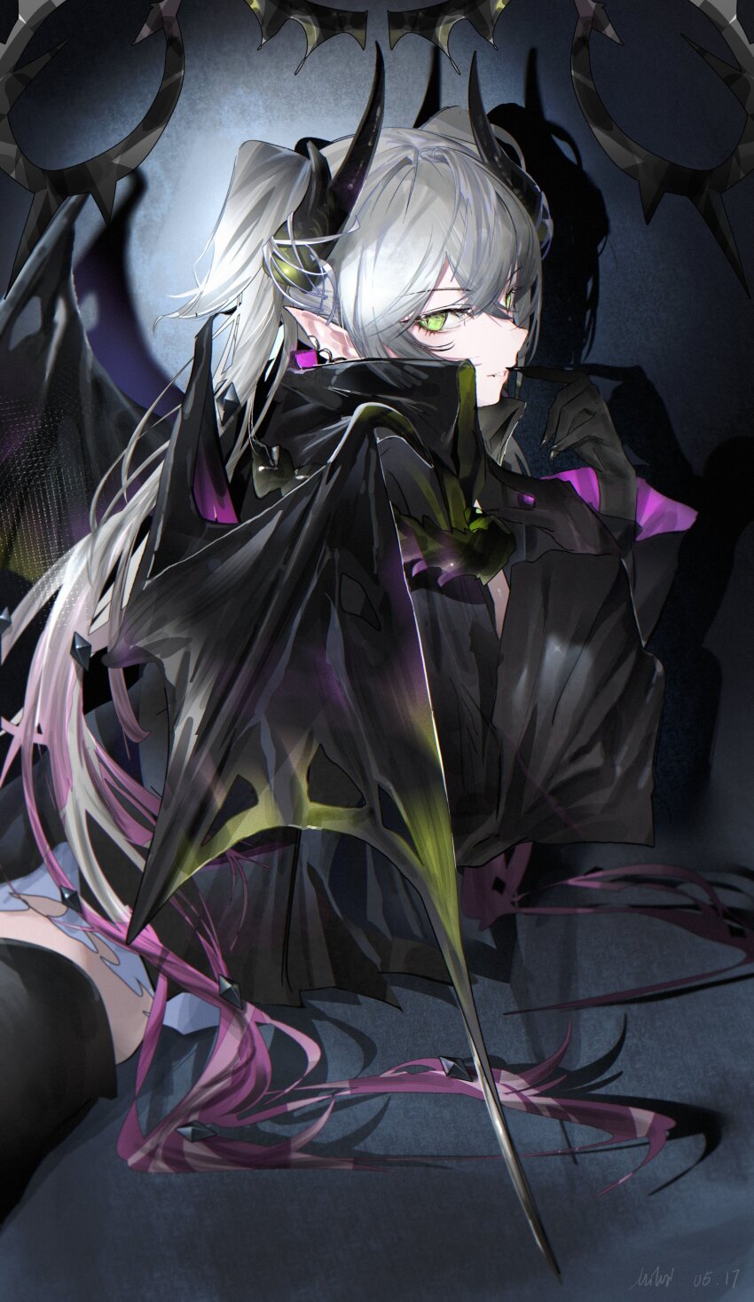 1girl, absurdres, black_cloak, black_hands, cloak, colored_extremities, demon_girl, demon_horns