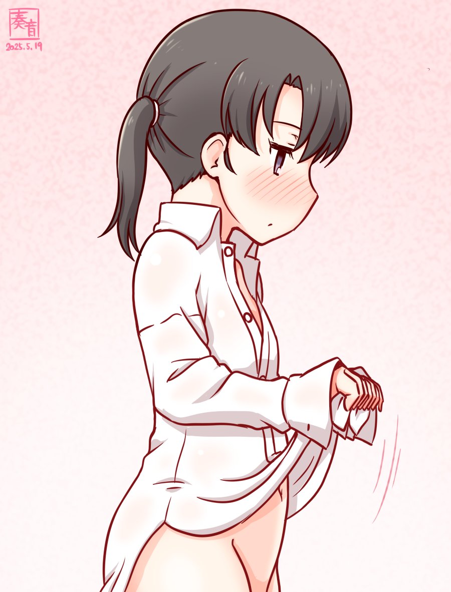 1girl, artist_logo, black_hair, blush, clothes_lift, collared_shirt, dated, dress_shirt