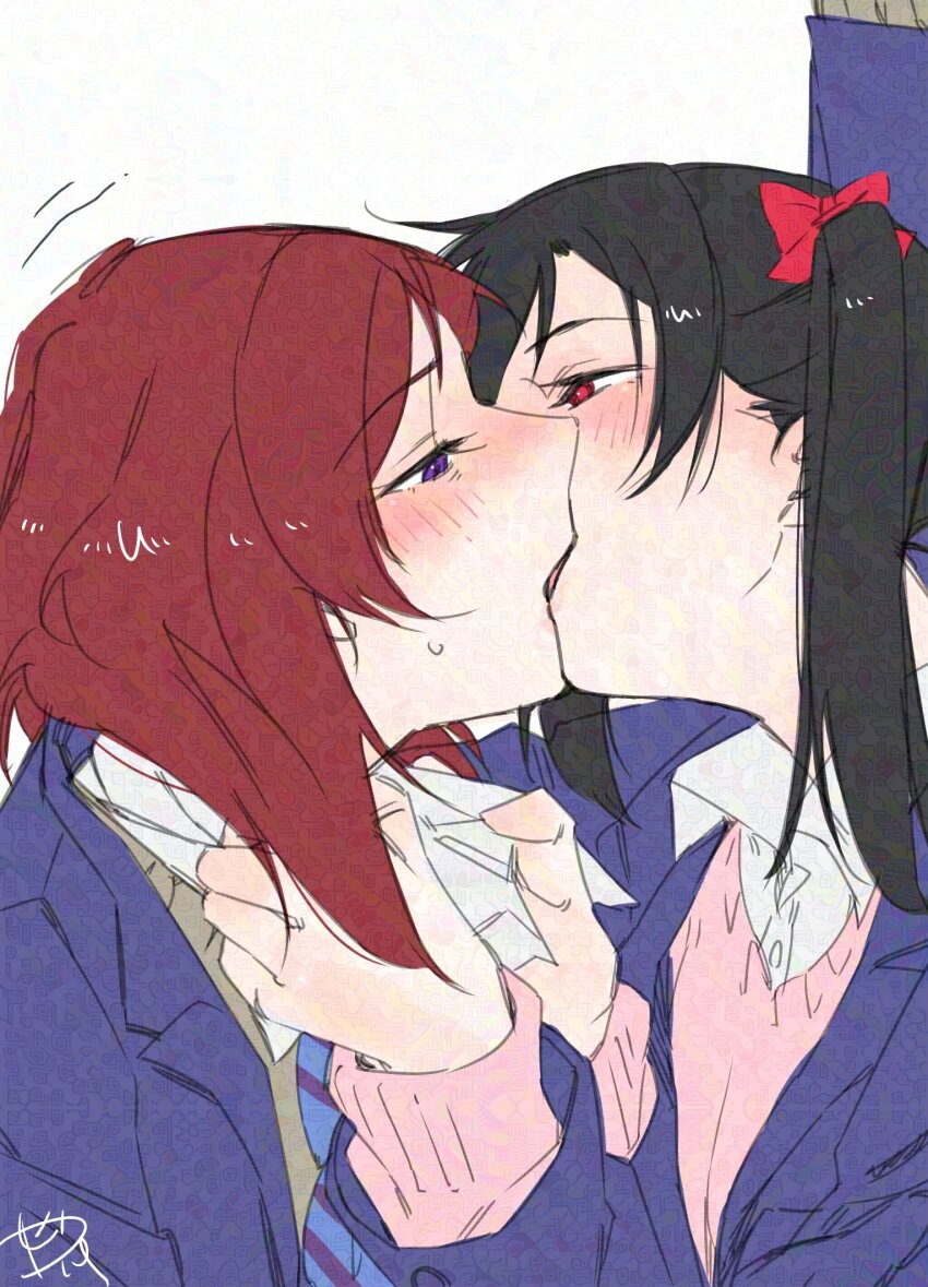 2girls, adversarial_noise, black_hair, blue_jacket, bow, collared_shirt, commentary, french_kiss, hair_bow, hashtag-only_commentary, highres, jacket, kiss, long_hair, love_live!, love_live!_school_idol_project, medium_hair, multiple_girls, nishikino_maki, otonokizaka_school_uniform, pink_sweater, purple_eyes, red_bow, red_eyes, red_hair, school_uniform, shirt, simple_background, surfacedxxc, sweater, twintails, white_background, white_shirt, yazawa_nico, yuri