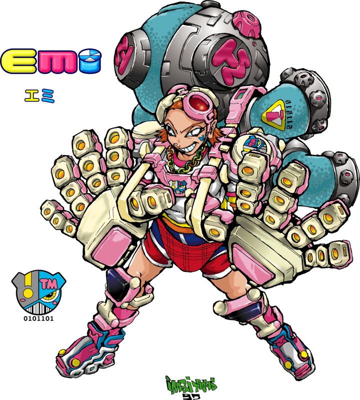 1girl, brown_eyes, character_name, dolphin_shorts, emi_(fighting_vipers), fighting_vipers, fighting_vipers_2, gauntlets, imai_toonz, mechanical_hands, official_art, orange_hair, sega, short_hair, shorts, smile, solo, sticker, sticker_on_face, stuffed_animal, stuffed_toy, teddy_bear