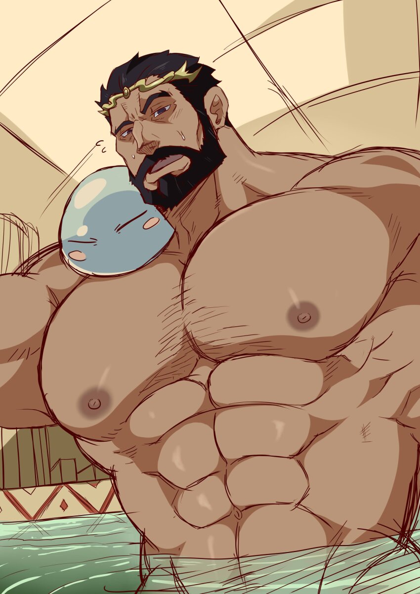 1boy, 1other, abs, absurdres, bara, beard, black_hair, commentary