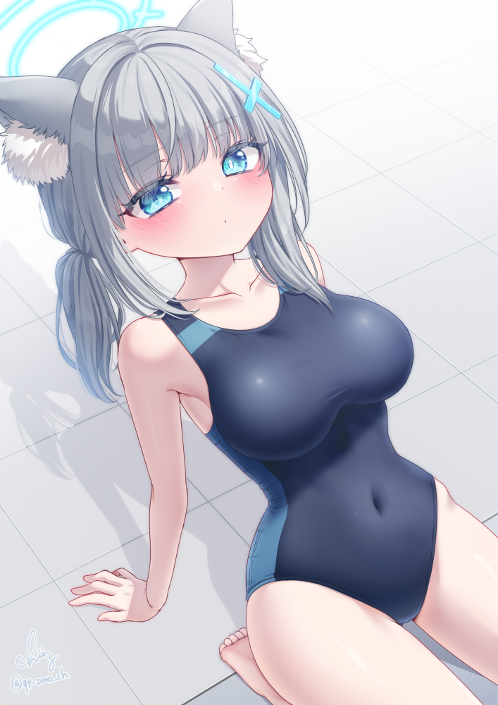 1girl, animal_ear_fluff, animal_ears, barefoot, black_one-piece_swimsuit, blue_archive, blue_eyes, breasts, commentary_request, competition_swimsuit, covered_navel, cross_hair_ornament, extra_ears, grey_hair, hair_ornament, halo, komaki_yuzu, large_breasts, leaning_back, low_ponytail, medium_hair, mismatched_pupils, multicolored_swimsuit, official_alternate_costume, one-piece_swimsuit, ponytail, shiroko_(blue_archive), shiroko_(swimsuit)_(blue_archive), solo, swimsuit, voice_actor_connection, wolf_ears