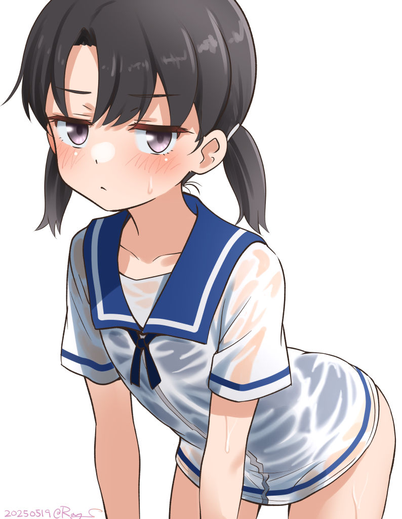 1girl, black_hair, blue_one-piece_swimsuit, blue_sailor_collar, dress, kantai_collection, one-piece_swimsuit, ponytail