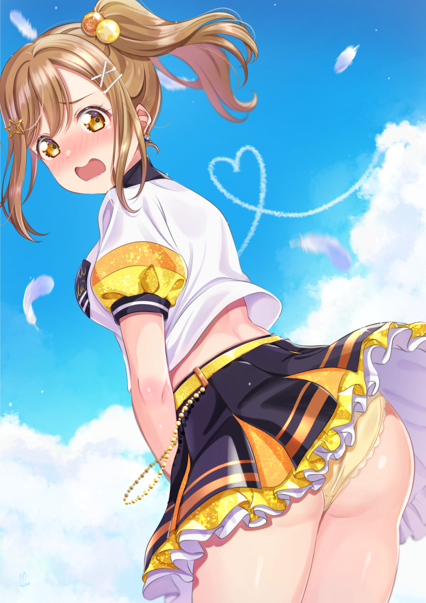 1girl, alternate_costume, ass, black_skirt, blue_sky, blush, braveheart_coaster, breasts, brown_hair, cloud, commentary_request, commission, cowboy_shot, day, embarrassed, falling_feathers, feathers, frilled_skirt, frills, from_behind, hair_ornament, heart, heart_of_string, highres, iroenpitsu_xxx, kunikida_hanamaru, lace, lace-trimmed_panties, lace_trim, love_live!, love_live!_sunshine!!, median_furrow, medium_breasts, medium_hair, miniskirt, nose_blush, open_mouth, outdoors, panties, pantyshot, peanut_mouth, pleated_skirt, puffy_short_sleeves, puffy_sleeves, shirt, short_sleeves, side_ponytail, sidelocks, skeb_commission, skirt, sky, solo, underwear, upskirt, white_shirt, x_hair_ornament, yellow_panties