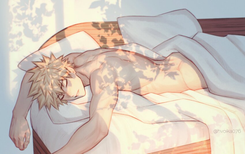 1boy, bakugou_katsuki, bed_sheet, blonde_hair, boku_no_hero_academia, highres, lying, male_focus, muscular, muscular_male, naked_sheet, nude, on_stomach, saika076, sleeping, solo, spiked_hair