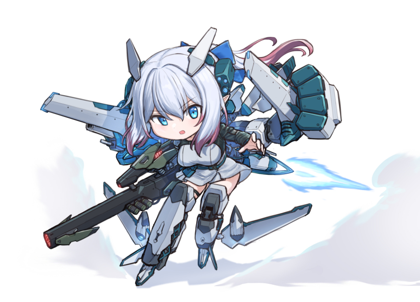 1girl, blue_bow, blue_eyes, bow, breasts, chibi, dolls_nest, full_body, gradient_hair, hair_bow, headgear, high_ponytail, highres, maxilax, mecha_musume, multicolored_hair, open_mouth, ponytail, red_hair, seedling_(dolls_nest), soles, weapon, white_hair