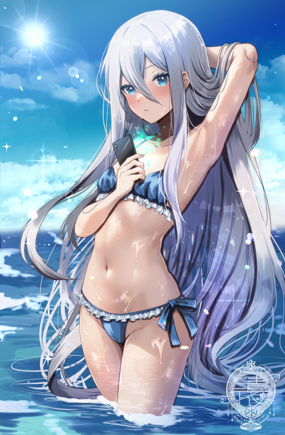 1girl, alternate_costume, arm_up, armpits, artist_logo, bikini, blue_bikini, blue_bow