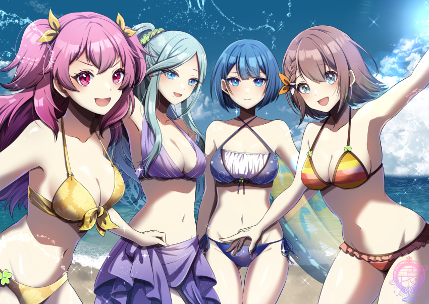 4girls, :d, alternate_costume, alternate_hairstyle, aqua_hair, arm_up, artist_logo, beach