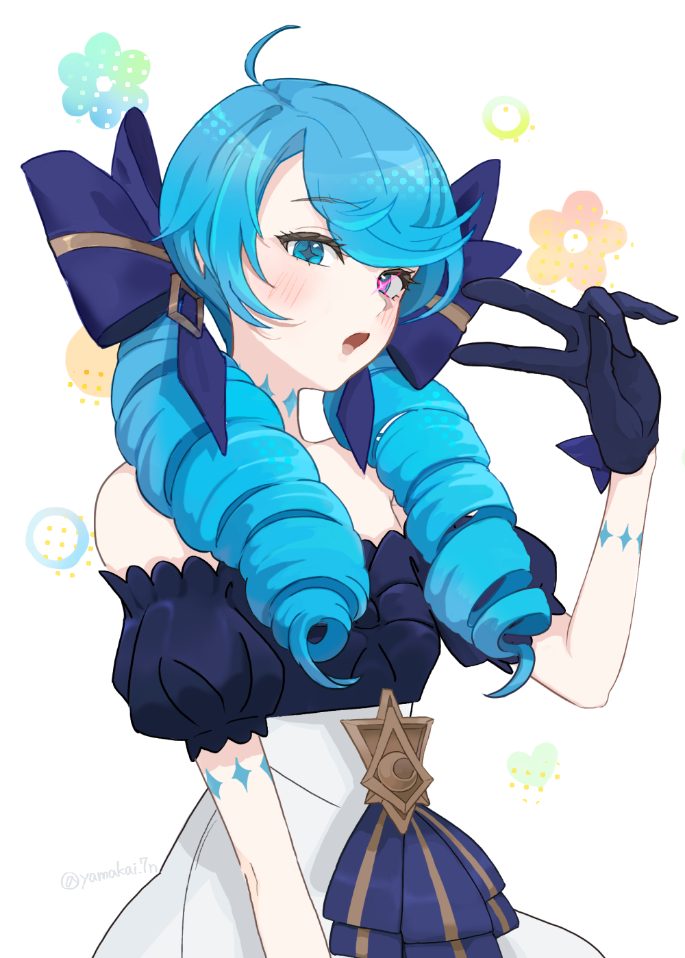 1girl, :o, ahoge, bare_shoulders, black_bow, black_gloves, blush, bow