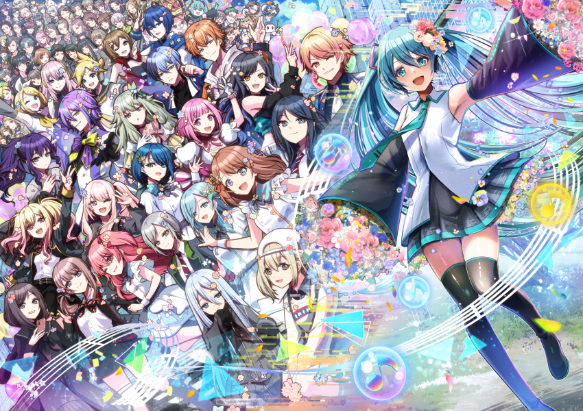 1other, 25-ji_nightcord_de._(project_sekai), 6+boys, 6+girls, :d, absolutely_everyone, akiyama_mizuki, akiyama_yuuki