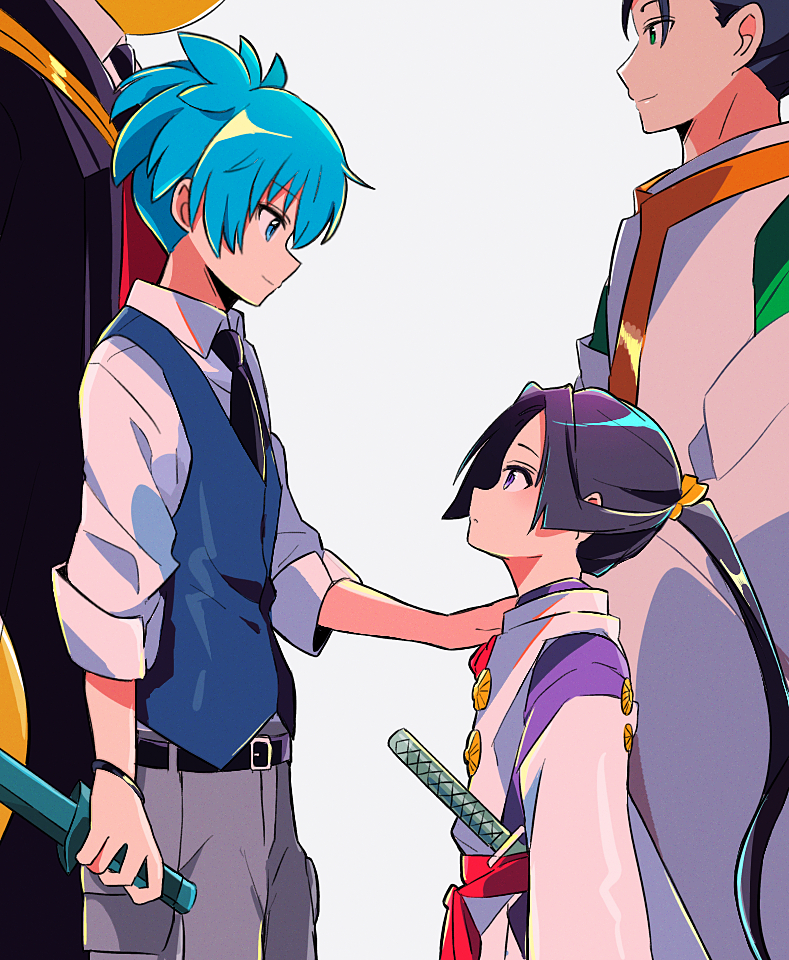 ansatsu_kyoushitsu, black_hair, blue_eyes, blue_hair, creator_connection, green_eyes, hakama, hakama_pants