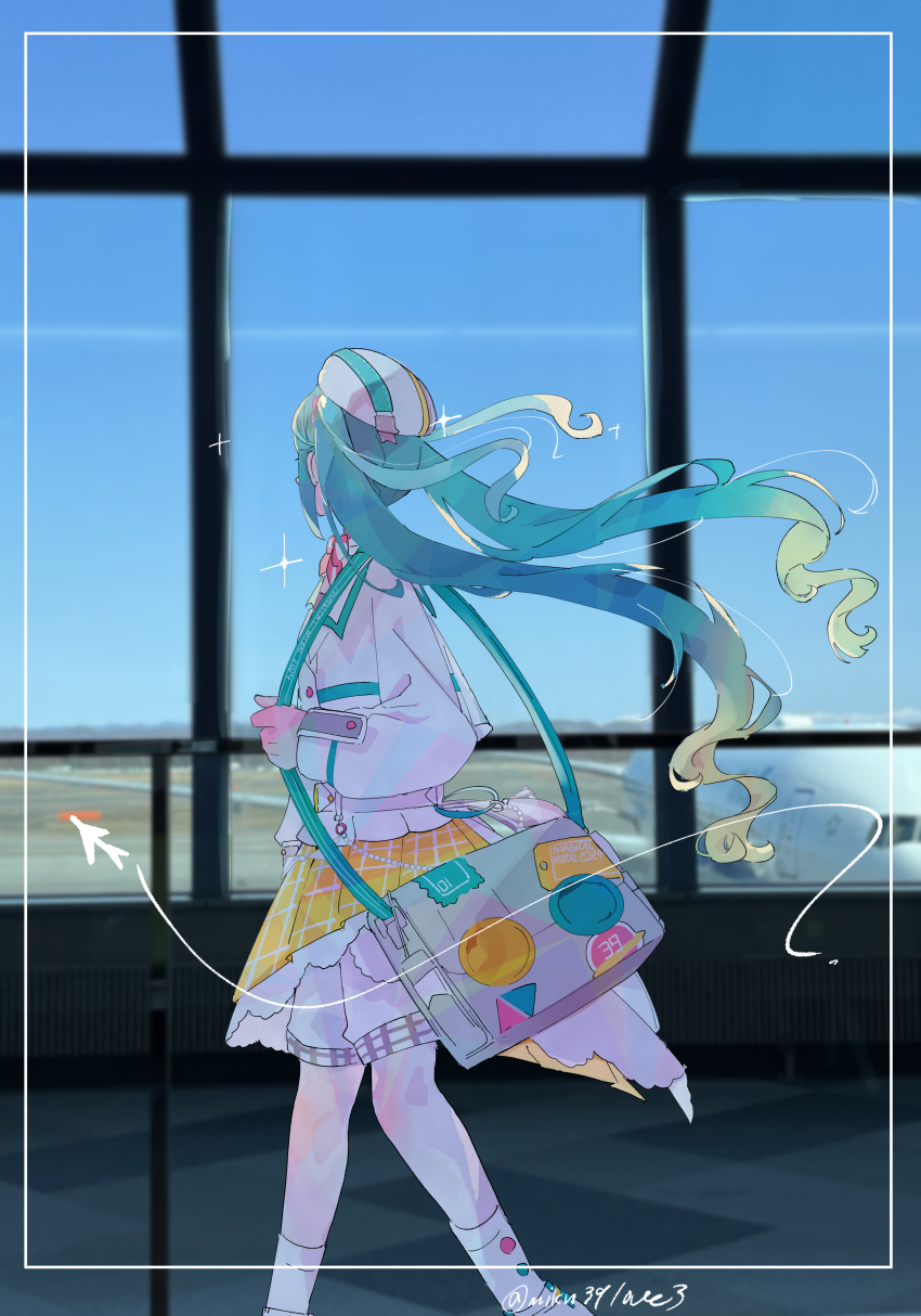 1girl, absurdres, airport, ankle_socks, aqua_hair, bag, blonde_hair, commentary