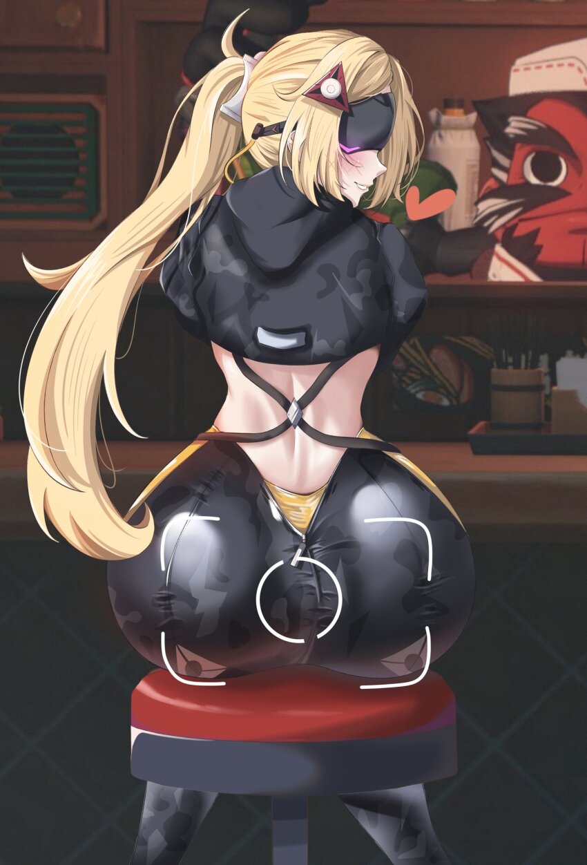 1boy, 1girl, ass, ass_focus, back, bar_stool, beard, black_hair, blindfold, blindfold_mask, blonde_hair, blush, chef, closed_mouth, colored_skin, crop_top, cropped_hoodie, dr.plankton, facial_hair, facing_viewer, general_chop_(zenless_zone_zero), hair_ornament, highres, hood, hoodie, looking_at_viewer, mask, multicolored_hair, mustache, pants, red_skin, sitting, smile, stool, streaked_hair, teeth, tight_clothes, tight_pants, trigger_(zenless_zone_zero), white_hair, zenless_zone_zero