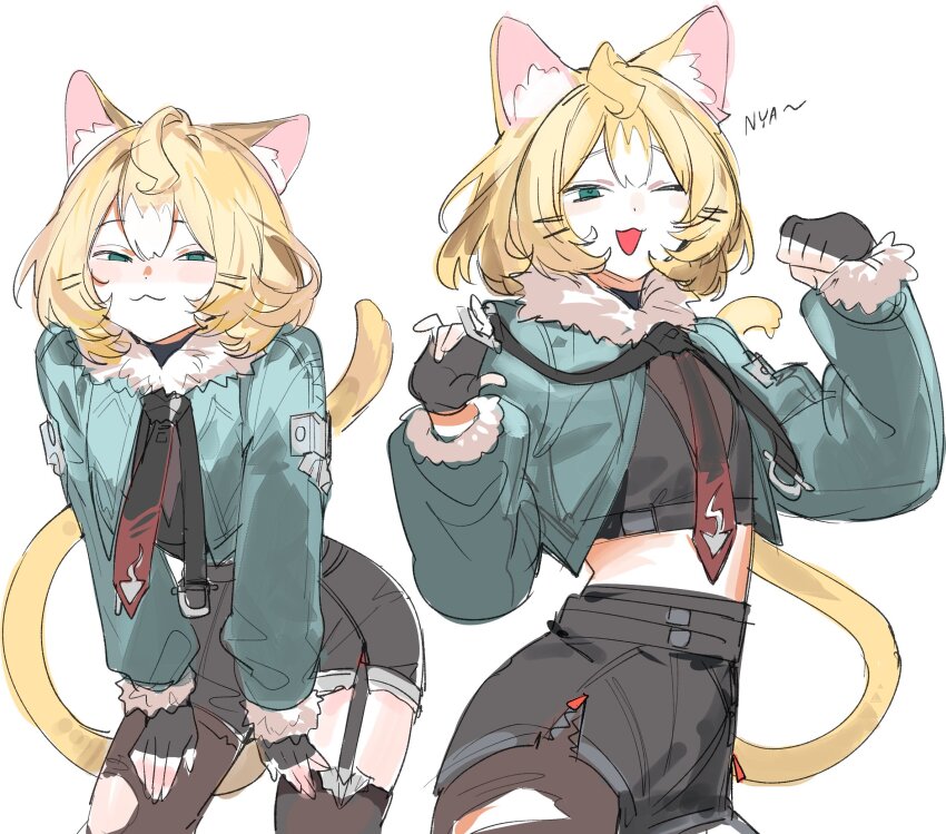1girl, :3, ahoge, alternate_costume, animal_ears, black_gloves, black_shorts, blonde_hair, bob_cut, cat_ears, cat_girl, cosplay, crop_top, cropped_jacket, fingerless_gloves, flat_chest, fur-trimmed_jacket, fur_trim, garter_straps, gloves, green_eyes, green_jacket, hair_between_eyes, hair_ornament, hairclip, half-closed_eyes, high-waist_shorts, highres, jacket, jane_doe_(zenless_zone_zero), jane_doe_(zenless_zone_zero)_(cosplay), kaohom503, looking_at_viewer, millie_parfait, navel, necktie, nijisanji, nijisanji_en, one_eye_closed, pantyhose, paw_pose, short_hair, short_shorts, shorts, single_garter_strap, single_leg_pantyhose, single_thighhigh, smug, solo, thighhighs, torn_clothes, torn_pantyhose, torn_thighhighs, two-tone_necktie, virtual_youtuber, zenless_zone_zero