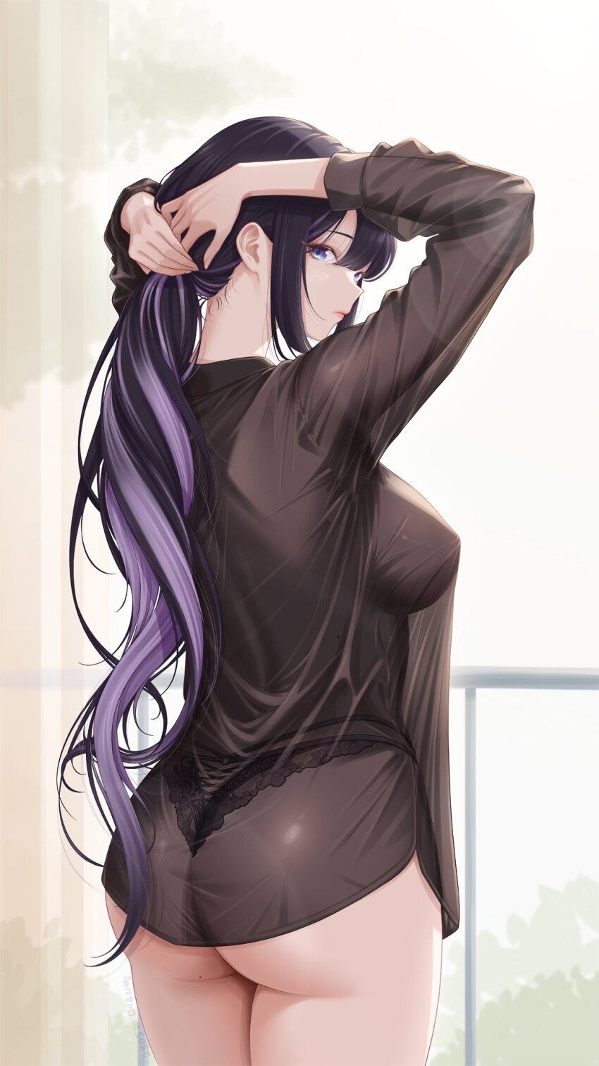 1girl, arisa_(charon_universe), arms_up, ass, black_hair, black_panties, blue_eyes, breasts