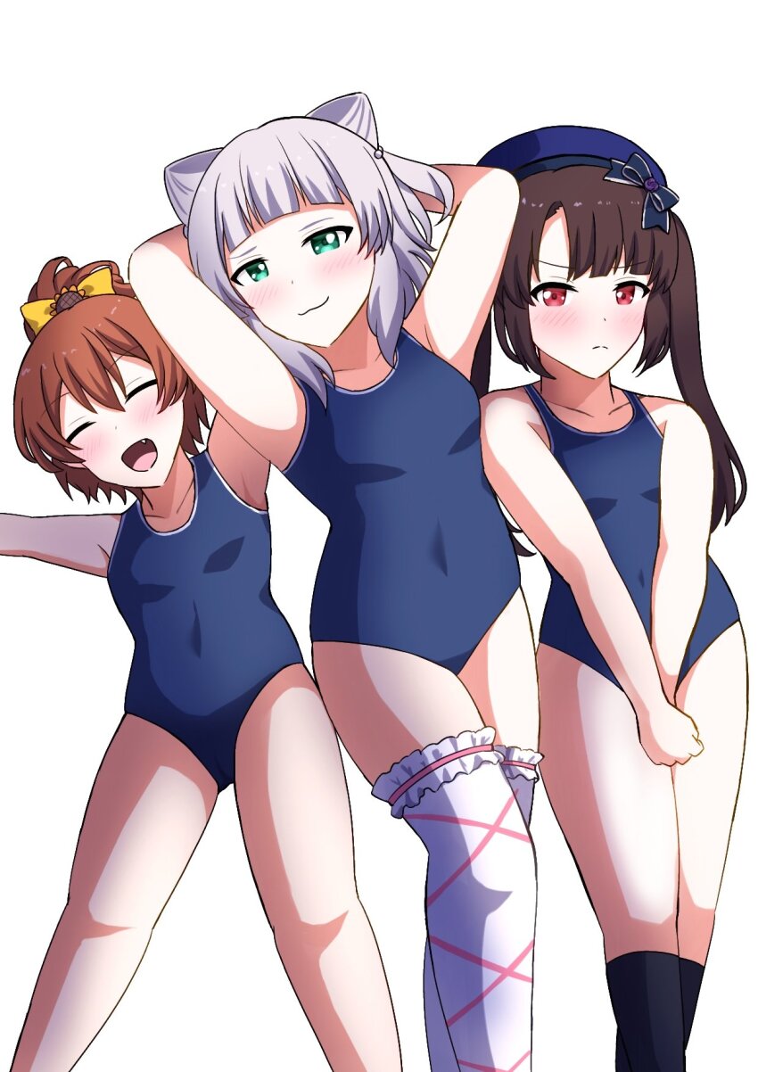 3girls, animal_ears, black_hair, blush, bow, brown_hair, closed_eyes, competition_school_swimsuit