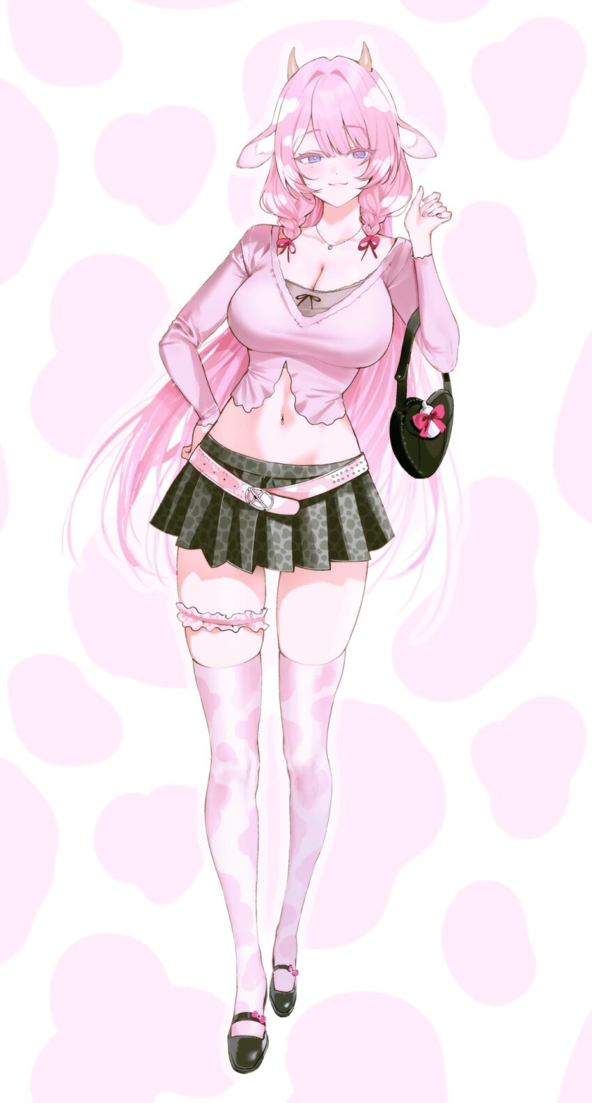 1girl, animal_ears, bag, belt, black_skirt, braid, breasts, cleavage