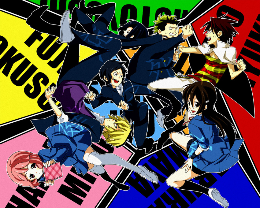 2girls, 5boys, ashitaba_iku, bike_shorts, black_hair, blonde_hair, fuji_rokusuke, hanamaki_miku