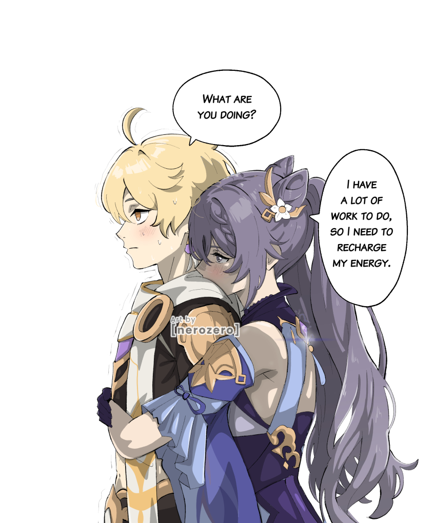 1boy, 1girl, absurdres, aether_(genshin_impact), ahoge, artist_name, bare_shoulders, blonde_hair, blush, braid, cone_hair_bun, detached_sleeves, double_bun, dress, english_text, from_side, genshin_impact, hair_bun, head_on_another's_shoulder, highres, hug, hug_from_behind, keqing_(genshin_impact), long_hair, nerozero, purple_hair, scarf, simple_background, sweat, twintails, upper_body, very_long_hair, vision_(genshin_impact), watermark, white_background