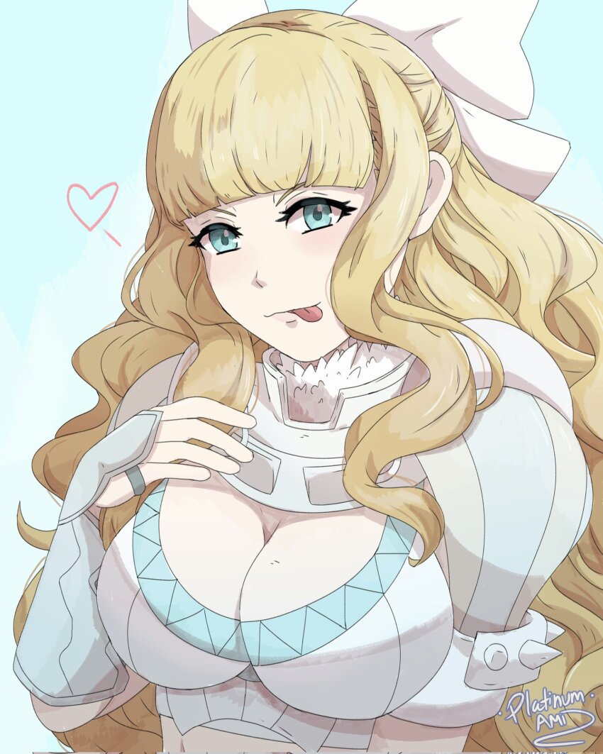 1girl, :p, armor, bikini_armor, blonde_hair, blue_eyes, blush, bow, breasts, charlotte_(fire_emblem), cleavage, commentary, fire_emblem, fire_emblem_fates, hair_bow, hand_on_own_chest, highres, large_breasts, long_hair, looking_at_viewer, nintendo, pauldrons, platinum_ami, shoulder_armor, smile, solo, tongue, tongue_out, upper_body, wavy_hair, white_bow