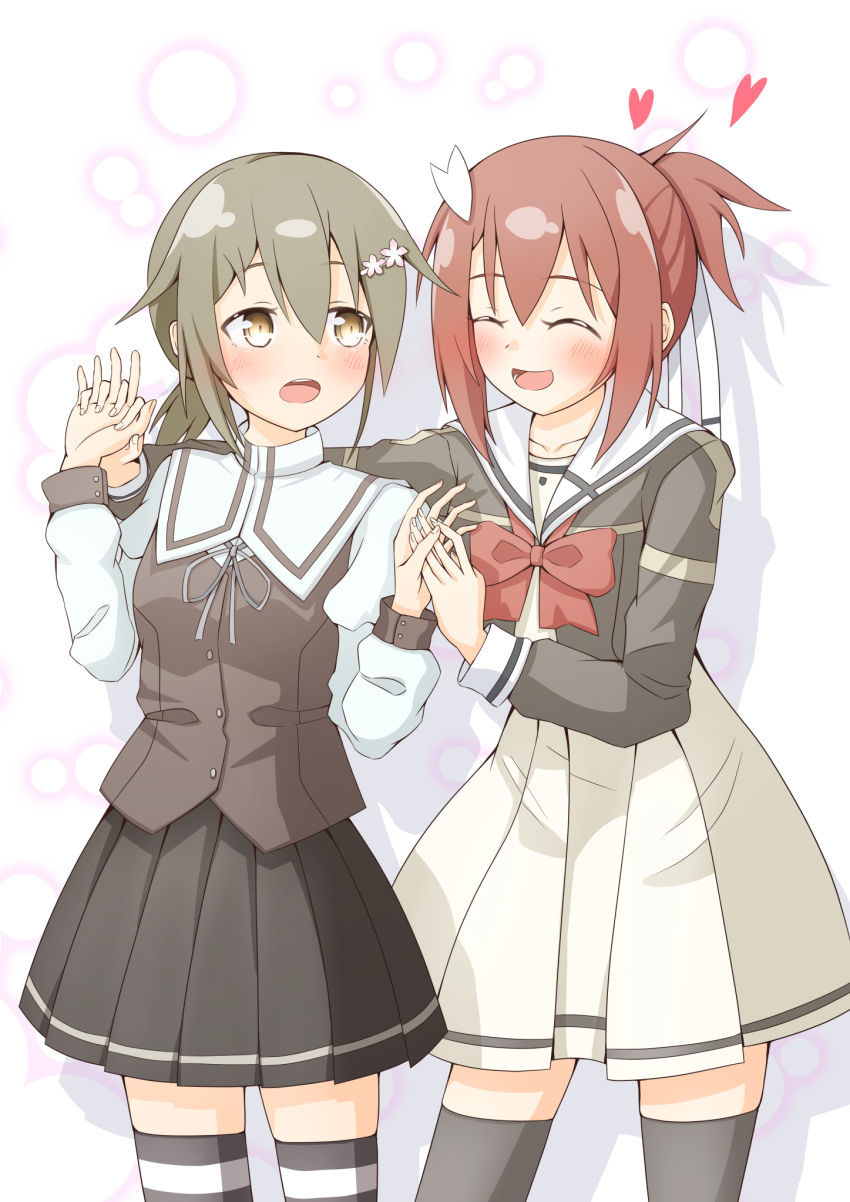 2girls, :d, ^_^, black_skirt, black_thighhighs, blush, bow, bowtie