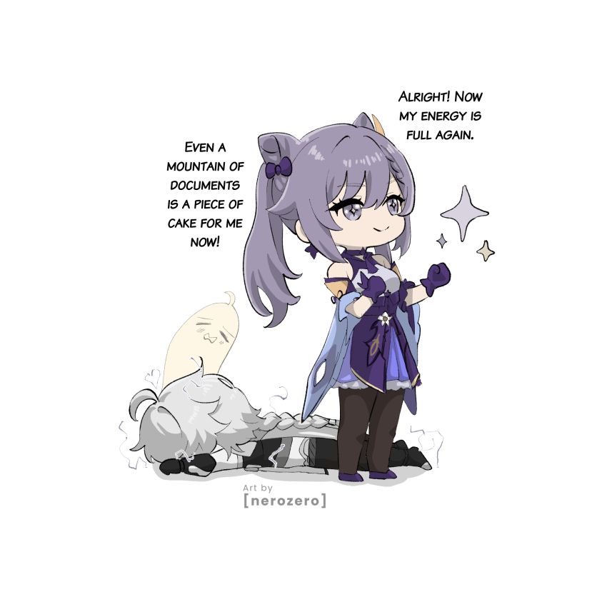 +_+, 1boy, 1girl, aether_(genshin_impact), artist_name, braid, chibi, chibi_only