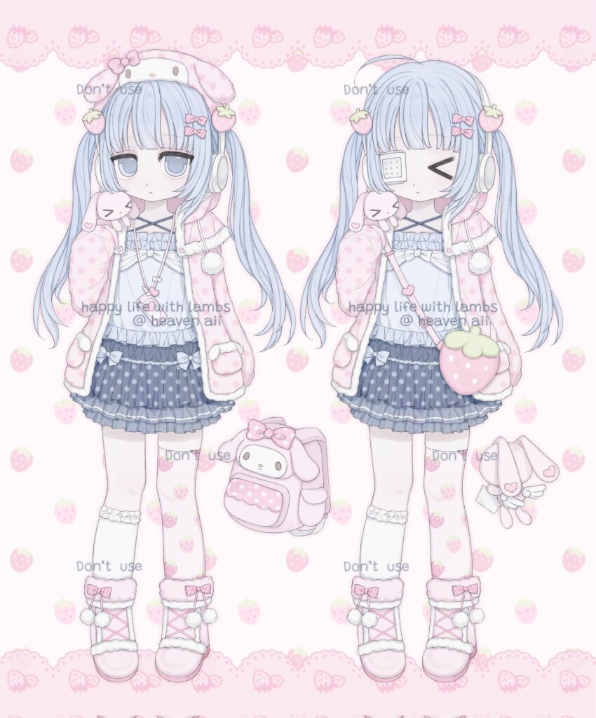 1girl, 2000s_(style), aiiares, backpack, bag, blue_bow, blue_eyes, blue_hair