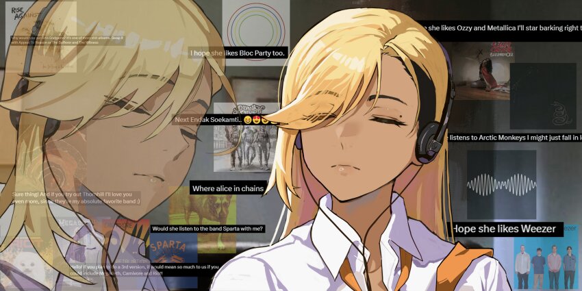1girl, absurdres, album_cover, alice_in_chains, black_hair, blonde_hair, closed_eyes, collared_shirt, commentary, cover, dress_shirt, english_commentary, english_text, hair_over_one_eye, headphones, highres, loose_necktie, metallica, mole, mole_above_eye, multicolored_hair, necktie, orange_necktie, original, ozzy_osbourne, park_ongjol, rock_fan_gyaru_(park_ongjol), shirt, sidelocks, solo, upper_body, weezer_(band), white_shirt
