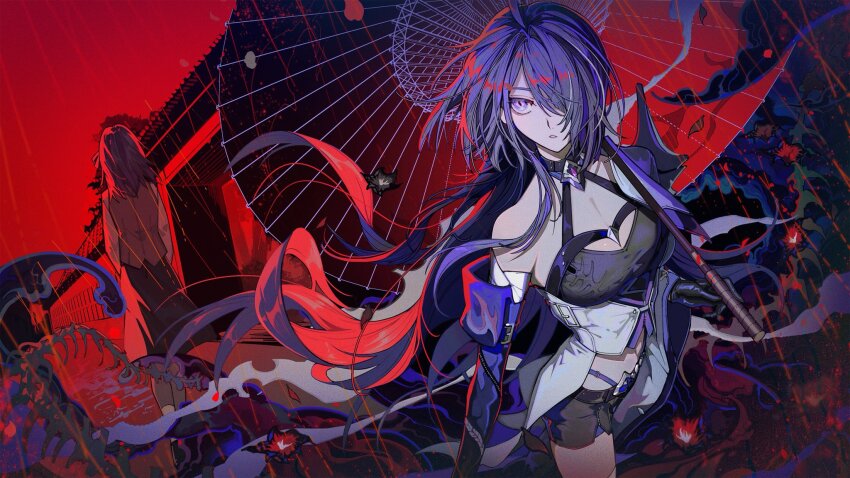 2girls, acheron_(honkai:_star_rail), black_choker, black_gloves, black_hole, black_shorts, boots, breasts, chain, chain_around_arm, choker, cleavage, coat, coattails, color_connection, colored_extremities, dress, endo_(takolegs), fate/stay_night, fate_(series), gloves, hair_over_one_eye, hair_ribbon, highres, holding, honkai:_star_rail, honkai_(series), knee_boots, large_breasts, long_hair, long_sleeves, matou_sakura, midriff, multicolored_hair, multiple_girls, navel, official_art, petals, purple_eyes, purple_hair, purple_veil, red_hands, red_petals, red_ribbon, ribbon, scabbard, sheath, short_hair, shorts, single_bare_shoulder, single_knee_boot, single_thigh_boot, single_wide_sleeve, streaked_hair, tailcoat, thigh_boots, veil, very_long_hair, weapon, white_coat