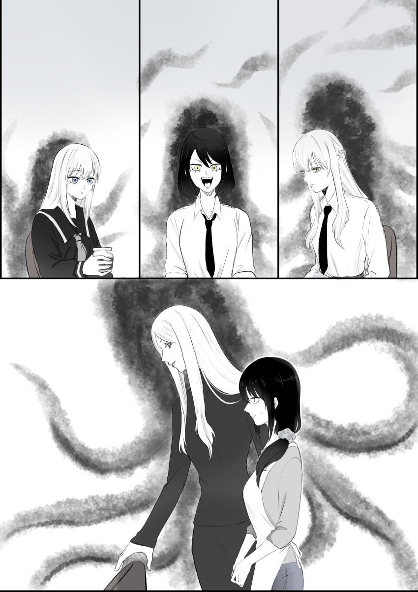 absurdres, black_hair, blue_eyes, blush, breasts, closed_mouth, commentary_request, couple