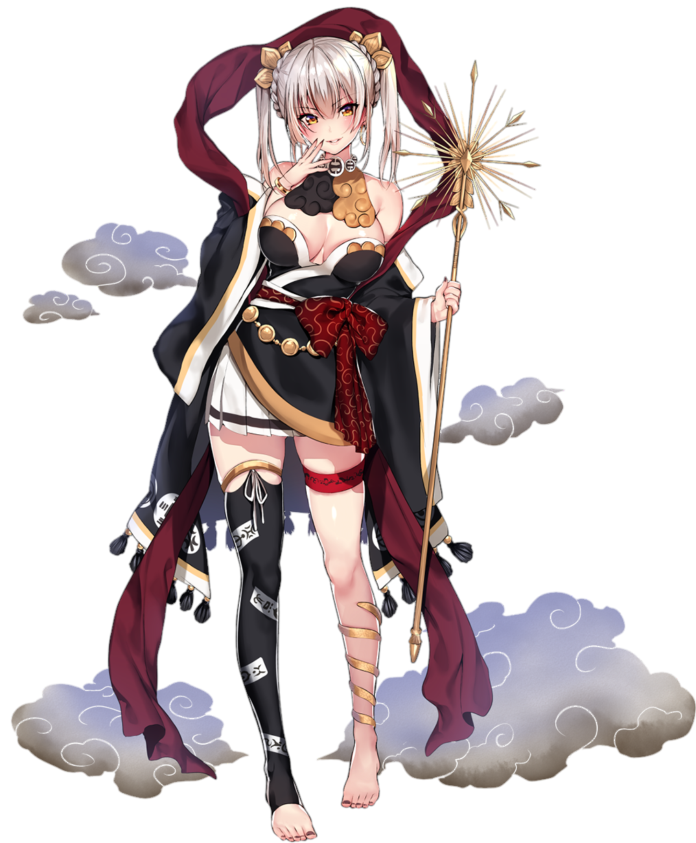 1girl, artist_request, asymmetrical_legwear, bad_source, bare_shoulders, barefoot, breasts, cloud