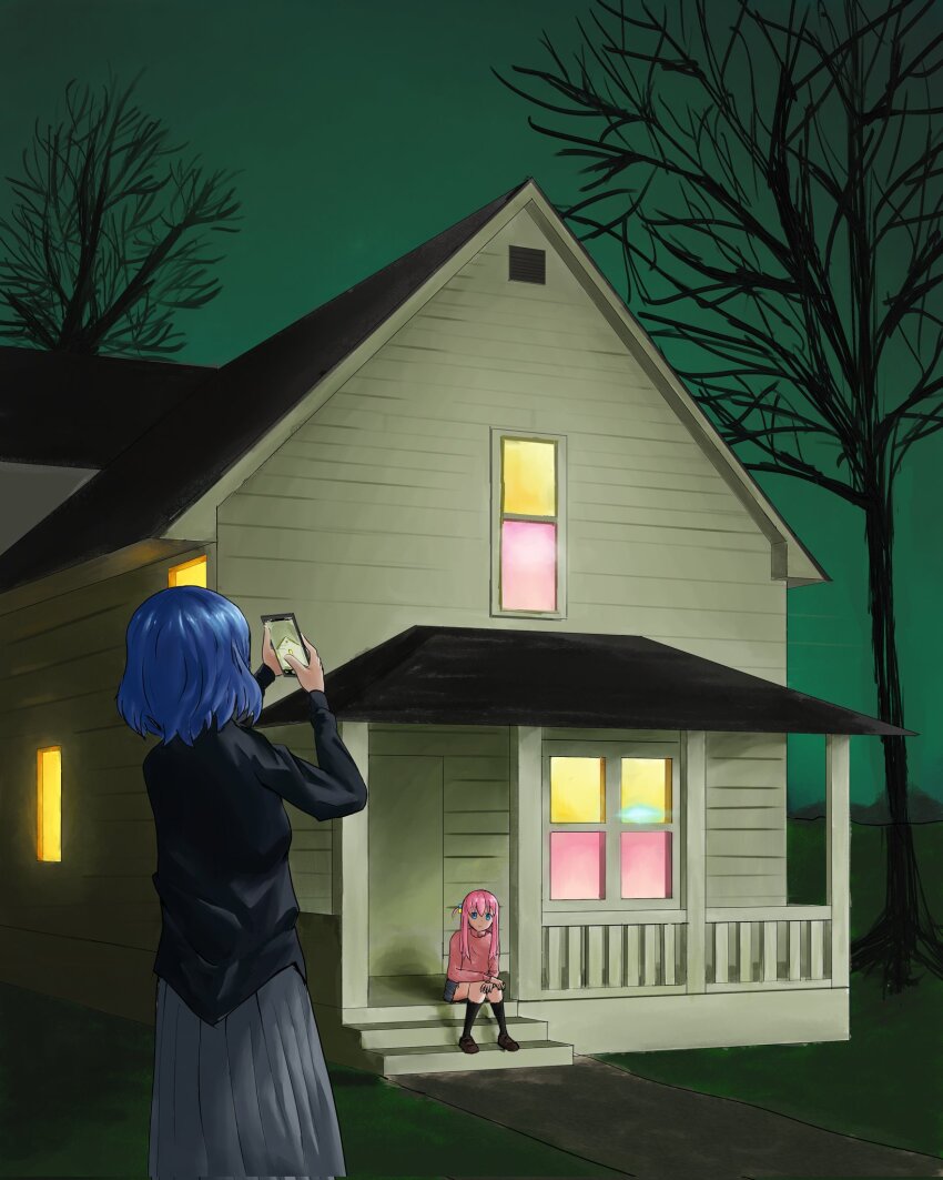 2girls, american_football_(band), bare_tree, black_shirt, blue_eyes, blue_hair, bocchi_the_rock!, cellphone, corrupted_twitter_file, cube_hair_ornament, gotoh_hitori, grey_skirt, hair_ornament, hcomsketches, highres, holding, holding_phone, house, jacket, long_hair, long_sleeves, multiple_girls, one_side_up, outdoors, parody, phone, pink_hair, pink_jacket, pleated_skirt, shirt, short_hair, sitting, sitting_on_stairs, skirt, smartphone, stairs, taking_picture, track_jacket, tree, yamada_ryo