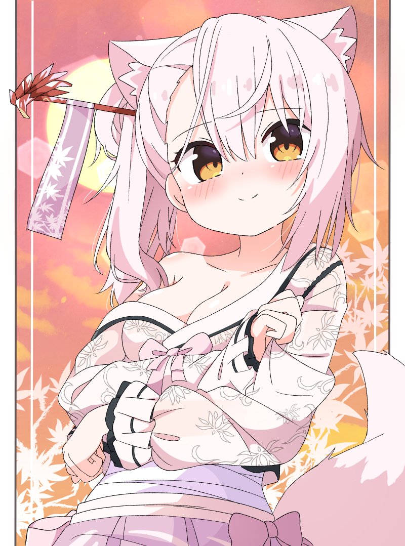 1girl, animal_ears, bare_shoulders, blush, breasts, cleavage, fox_ears, fox_girl