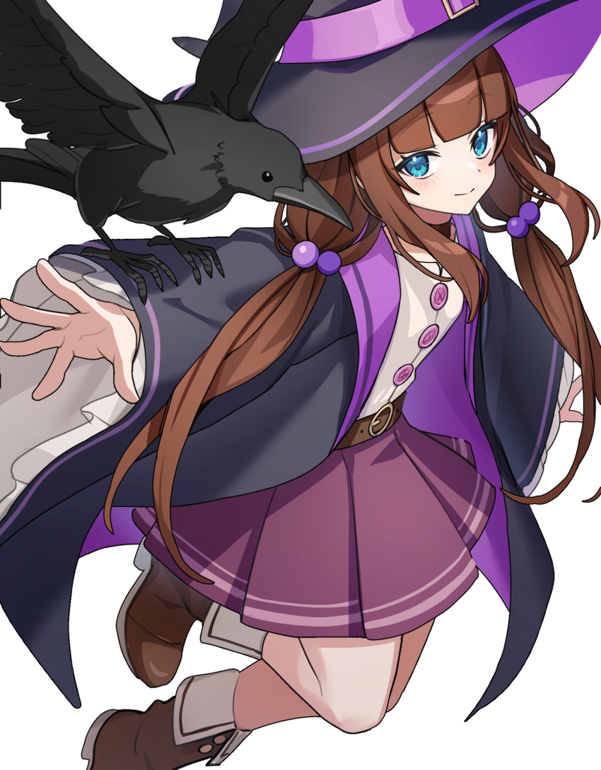 1girl, bird, blue_eyes, brown_hair, brown_shoes, buttons, closed_mouth, crow